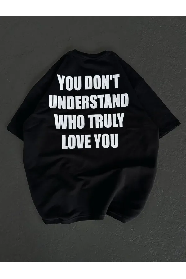 Unisex Bisiklet Yaka Baskılı Oversize T-Shirt - Siyah