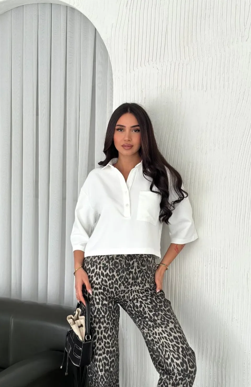 Z Krep Kadın Crop Yakalı Gömlek İlik Düğmeli Üç Çeyrek Sleeve Kol - Beyaz