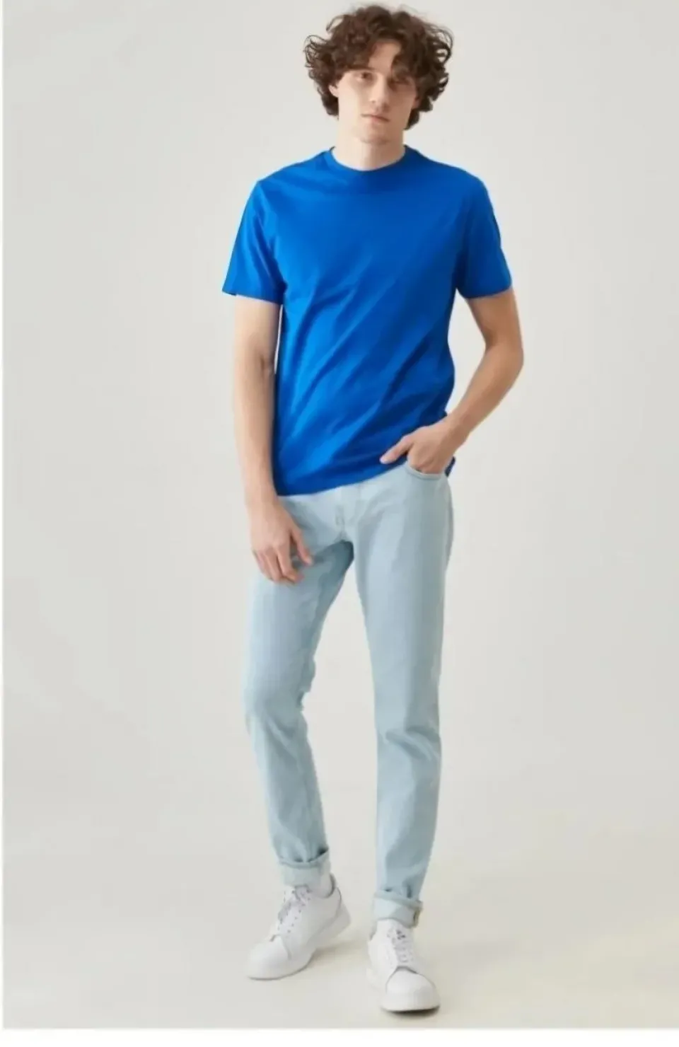 Unisex Düz Biskilet Yaka Oversize T-shirt - Mavi