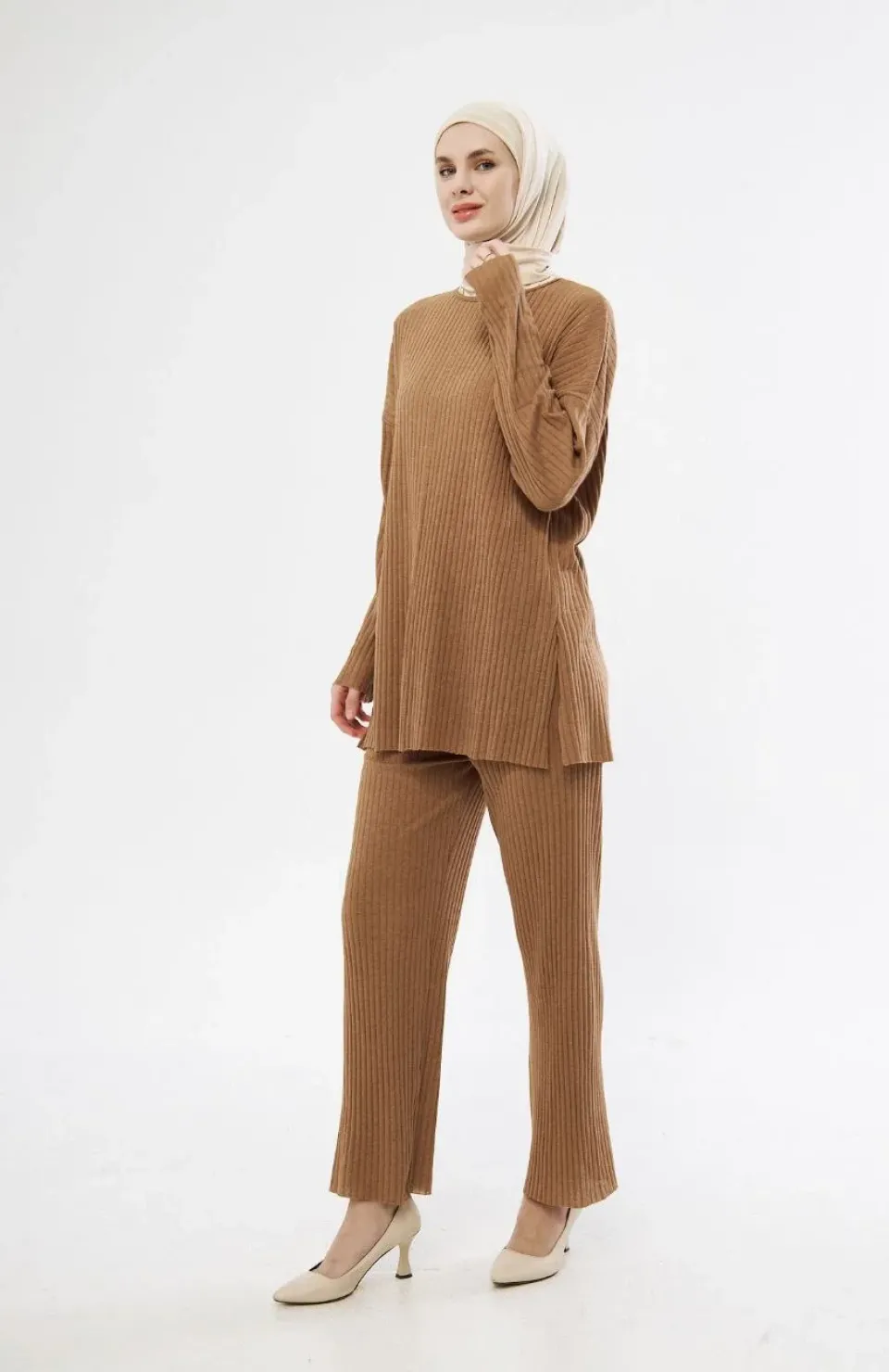 Uzun Kollu Organik Yıkanmış Kumaş Fitilli Pantolonlu Takım - Kahve Somersan Giyim | Kadın, Erkek ve Çocuk Moda