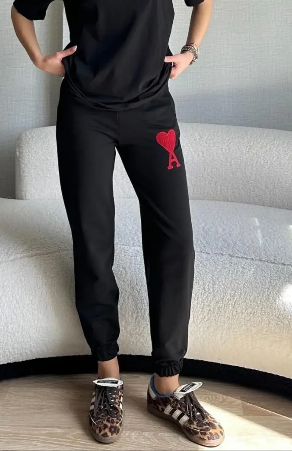 Unisex İki İplik Baskılı Oversize Eşofman Altı - Siyah