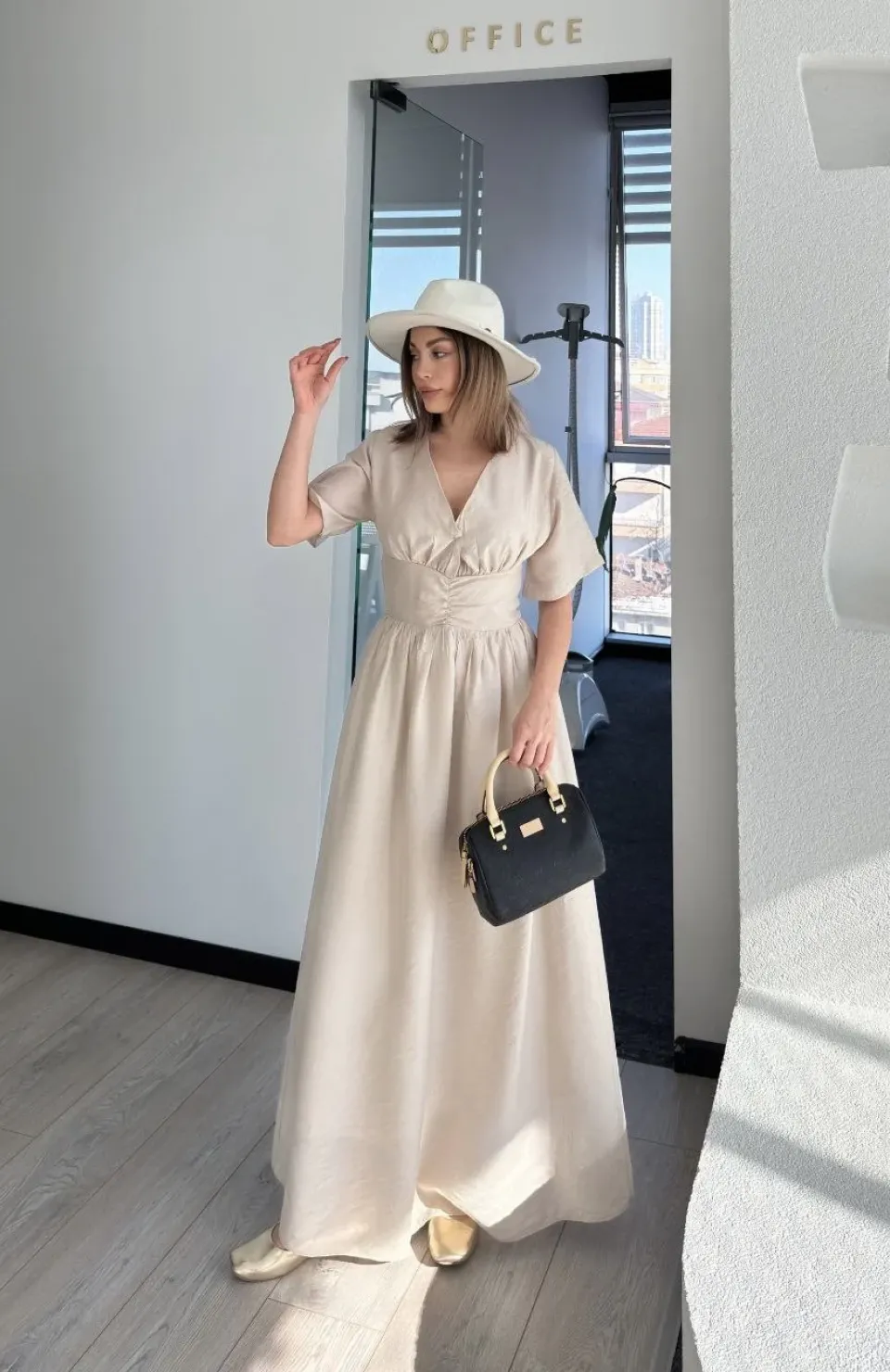 Kısa Kollu Uzun Elbise - Kırık Beyaz