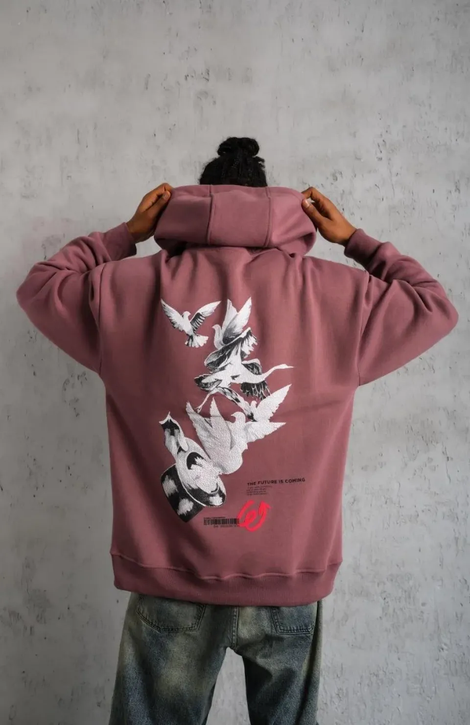 Erkek Şapkalı Güvercin Baskılı Kapşonlu Sweat - Gül Kurusu Somersan Giyim | Kadın, Erkek ve Çocuk Moda