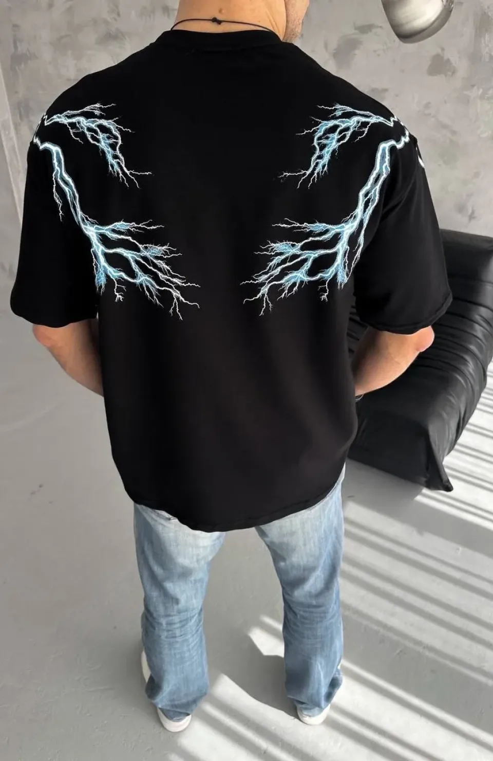 Unisex Bisiklet Yaka Baskılı Oversize T-Shirt - Siyah