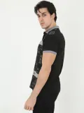 Erkek Yakalı Slim Fit Baskılı T-Shirt - Siyah