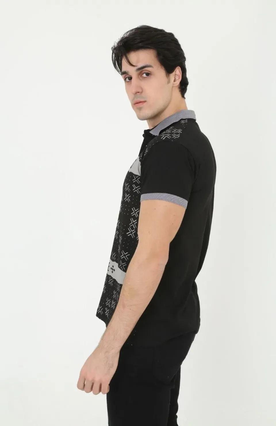 Erkek Yakalı Slim Fit Baskılı T-Shirt - Siyah