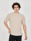 Unisex Waffle Kumaş Rahat Kol T-Shirt - Bej