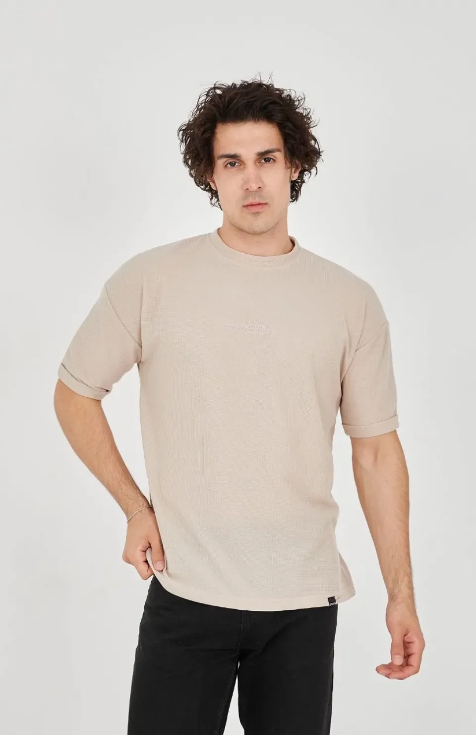 Unisex Waffle Kumaş Rahat Kol T-Shirt - Bej