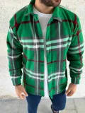 Erkek Ekose Desenli Düğmeli Polar Yakalı Uzun Kollu Gömlek Oversize Rahat Kalıp - Yeşil