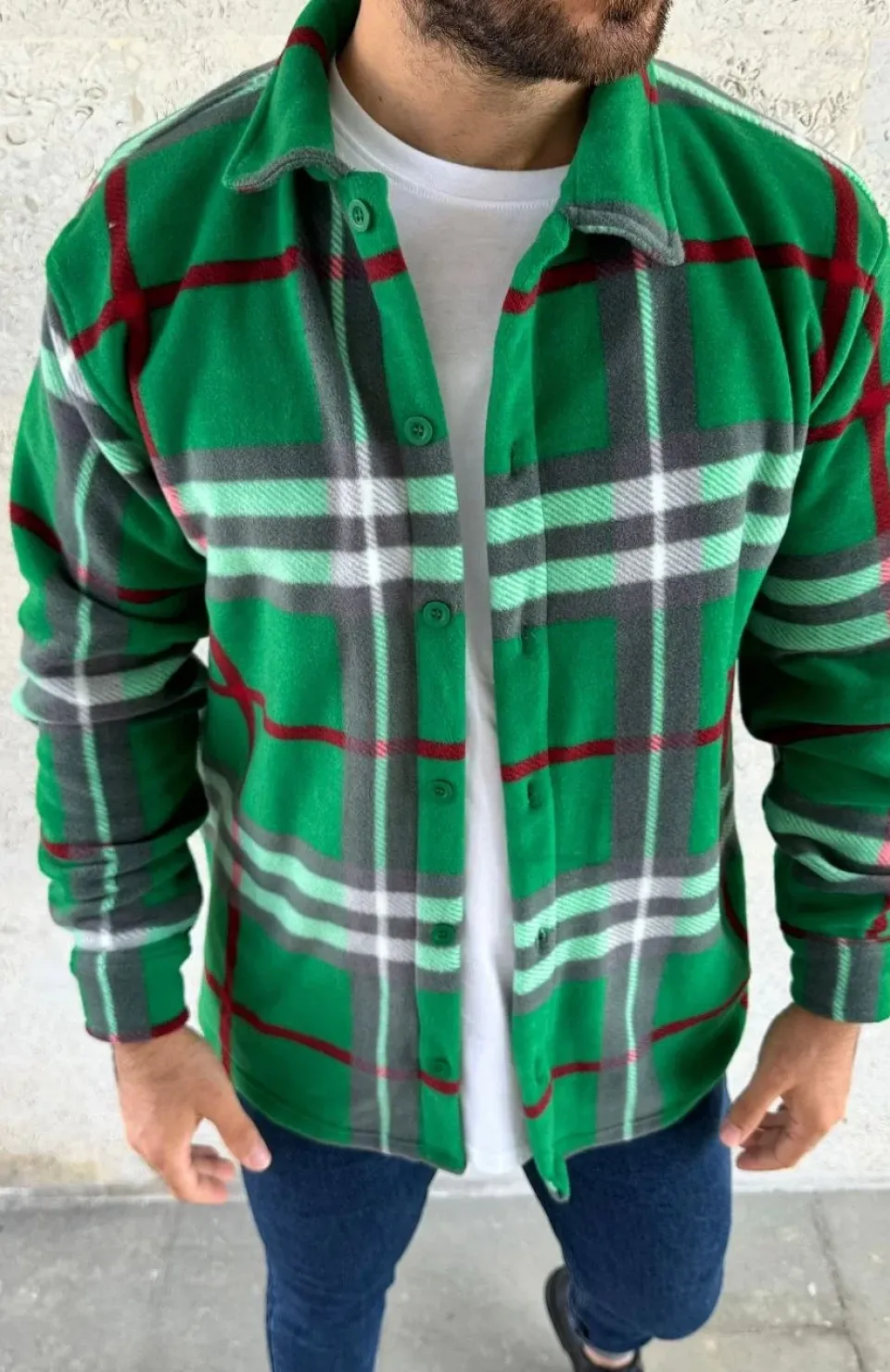 Erkek Ekose Desenli Düğmeli Polar Yakalı Uzun Kollu Gömlek Oversize Rahat Kalıp - Yeşil