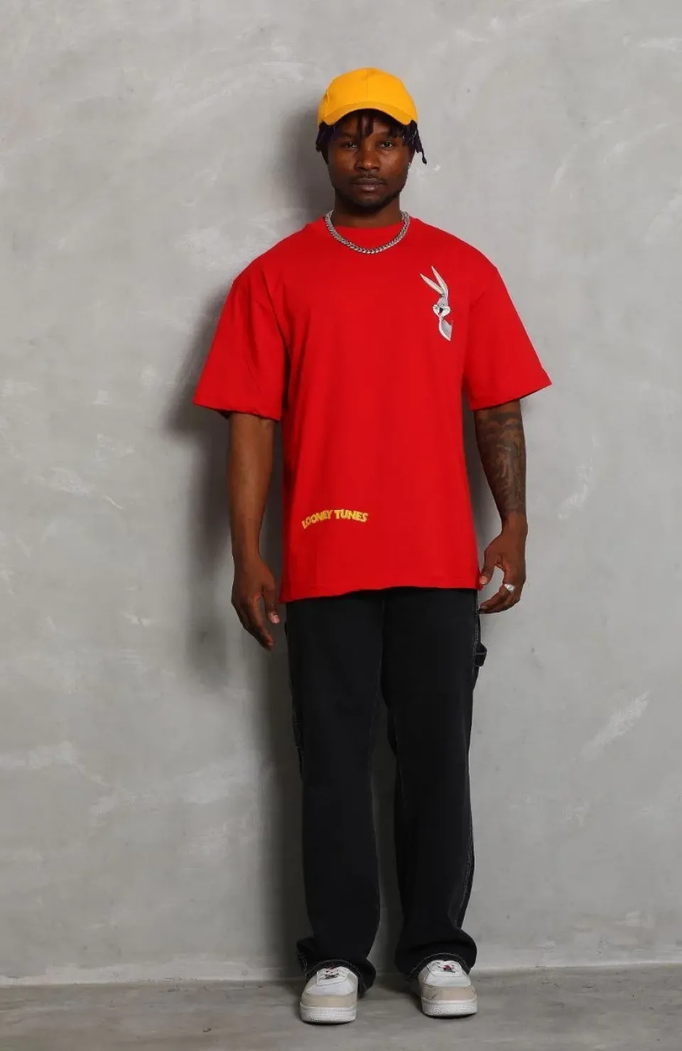 Unisex Oversize Baskılı Bisiklet Yaka T-Shirt - Kırmızı