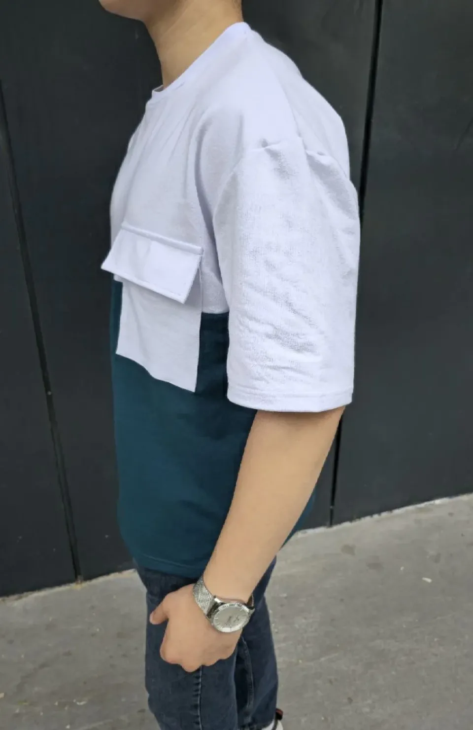 Unisex Torba Cep Detaylı Parçalı T-Shirt - Lacivert