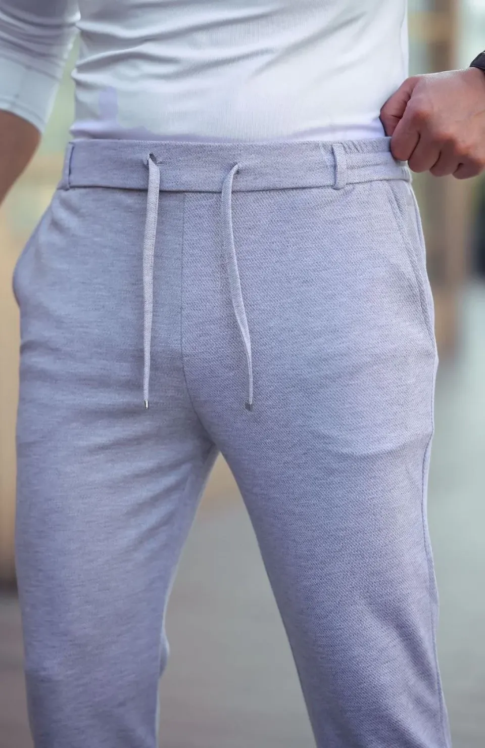 Erkek Diagonel Mikro dokulu Cepli Beli Lastilki Pantolon - Gri