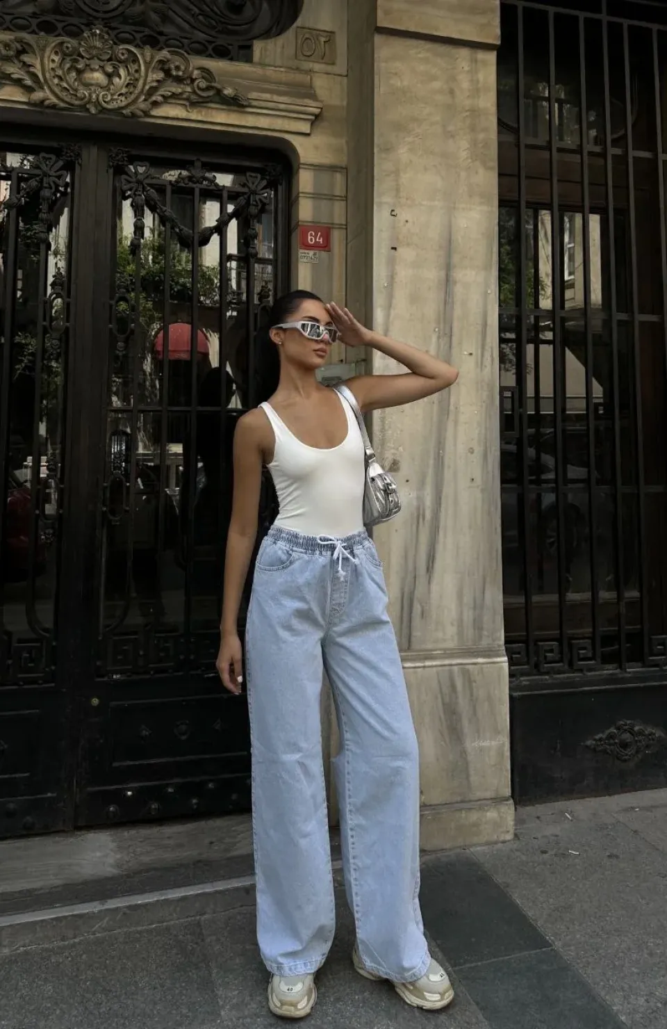 Kadın Arkadan Yırtmaçlı Jeans Kot Palazzo Pantolon - Mavi