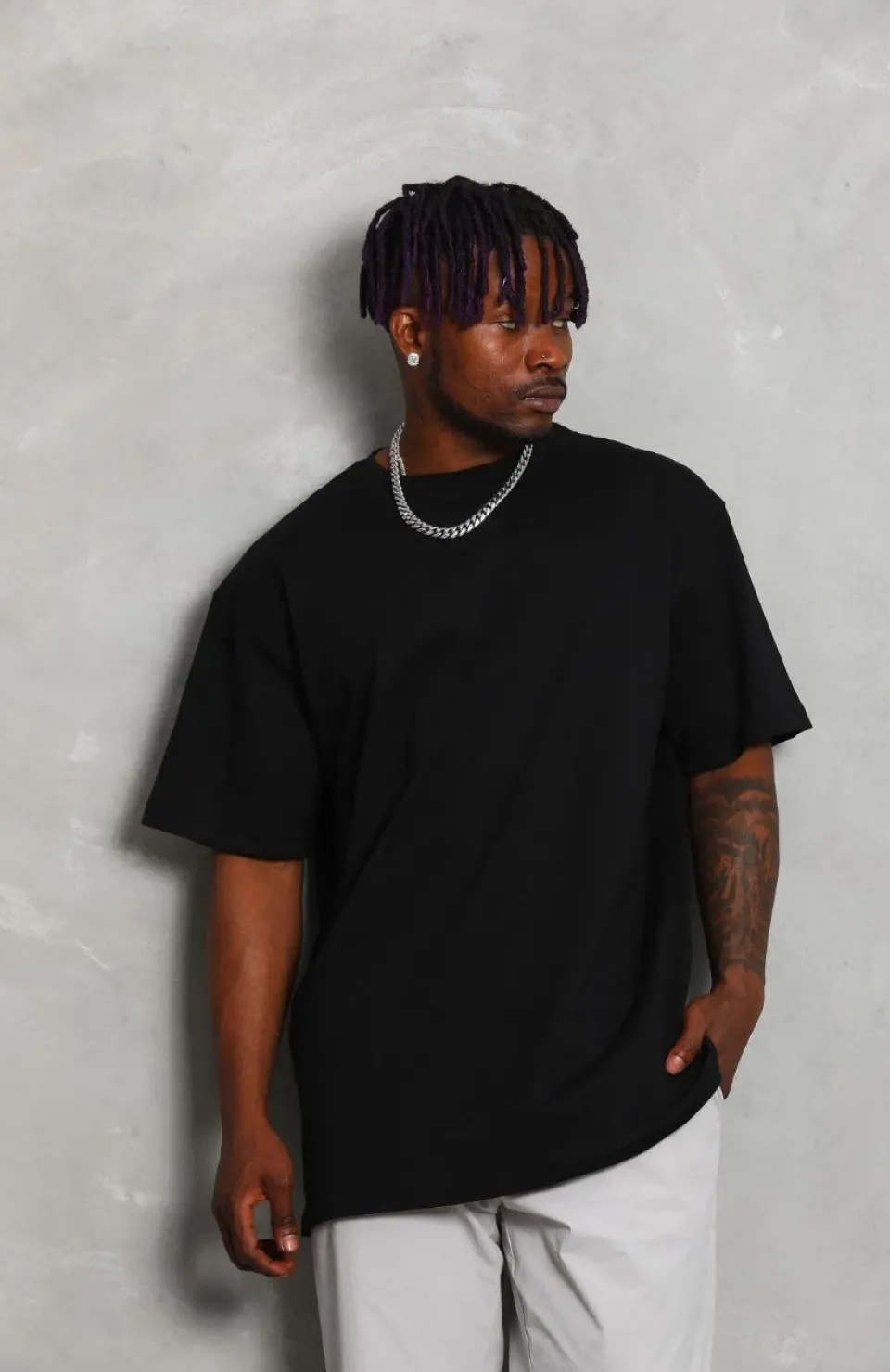 Unisex Oversize Düz Bisiklet Yaka T-Shirt - Siyah