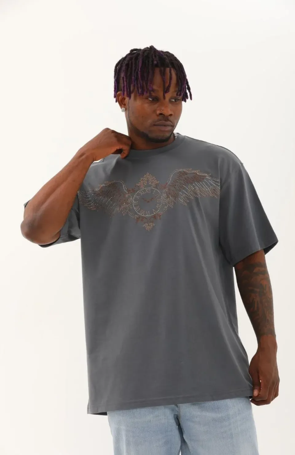 Unisex Oversize Taşlı Bisiklet Yaka T-Shirt - Füme