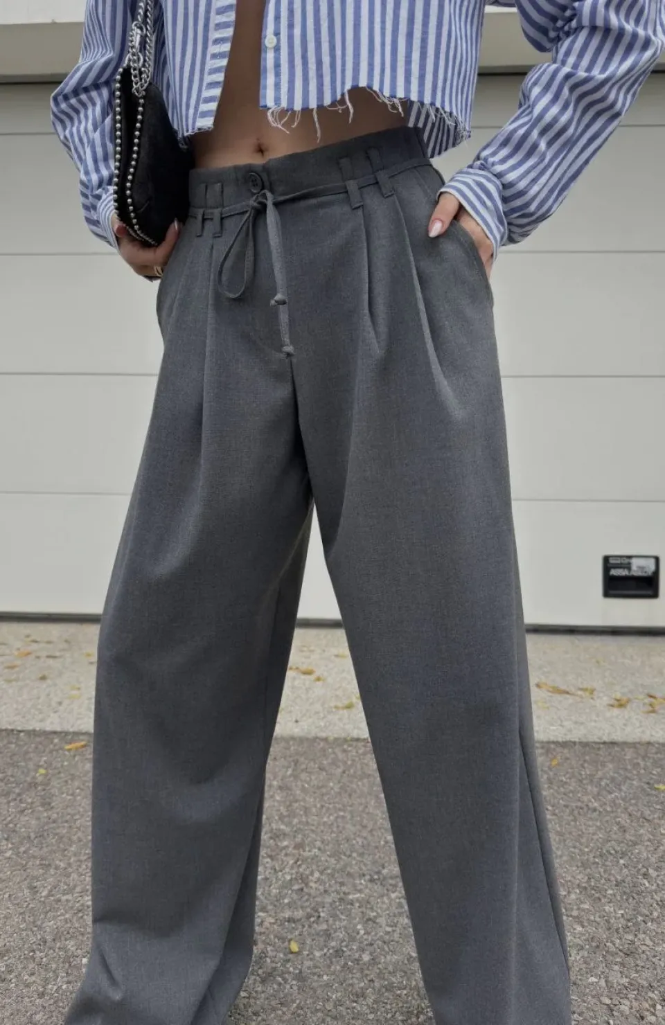 Bağcıklı Palazzo Bol Paça Pantolon - Gri