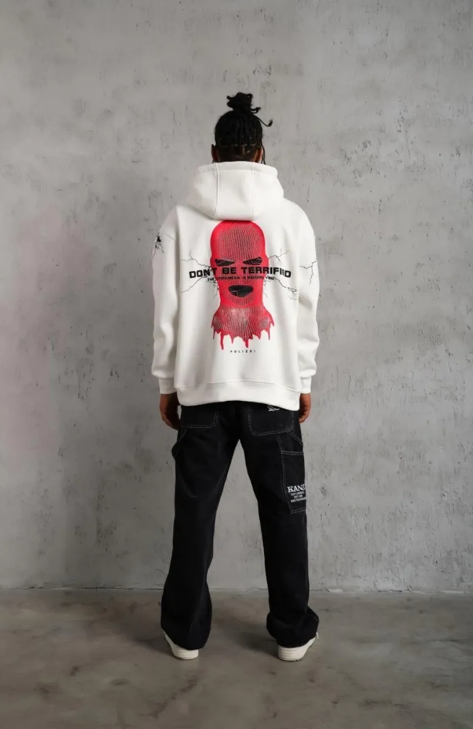 Erkek Maske Baskılı Kapüşonlu Sweat - Beyaz