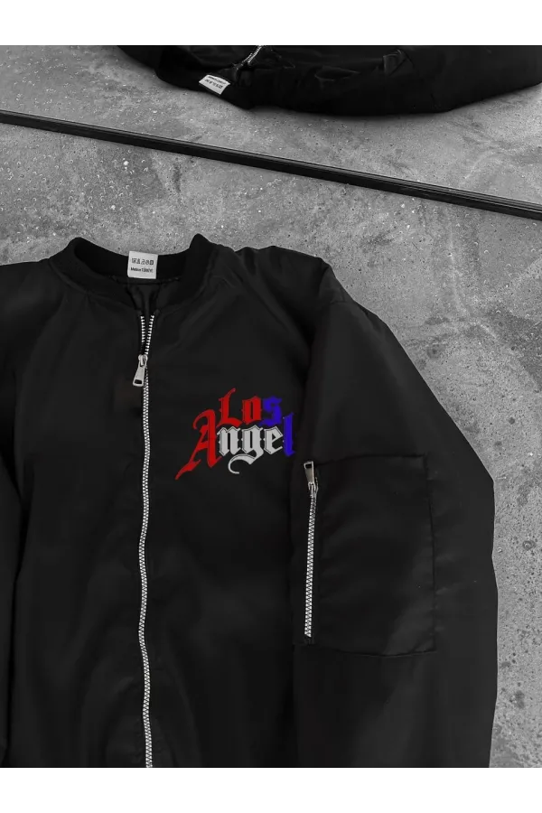 Los Angeles Siyah Bomber Mont – Fermuarlı, Cepli, Kapitone Astarlı, Bahar ve Kış Günlük Kullanım İçin Unisex Ceket- Siyah