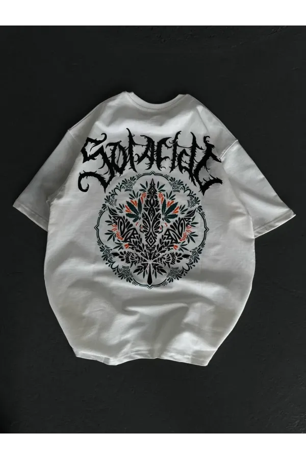 Unisex Bisiklet Yaka Baskılı Oversize T-Shirt - Beyaz