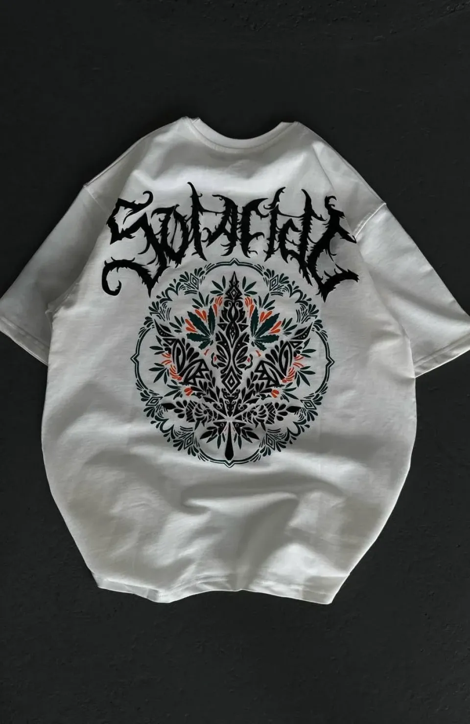 Unisex Bisiklet Yaka Baskılı Oversize T-Shirt - Beyaz