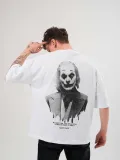 Unisex Bisiklet Yaka Baskılı Oversize T-Shirt - Beyaz