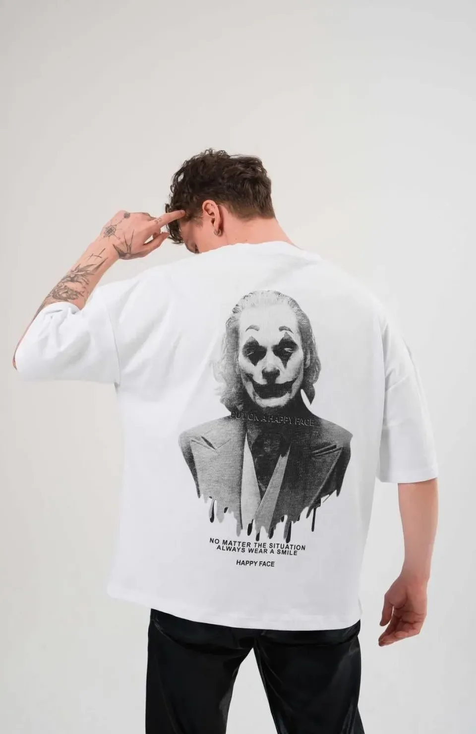 Unisex Bisiklet Yaka Baskılı Oversize T-Shirt - Beyaz