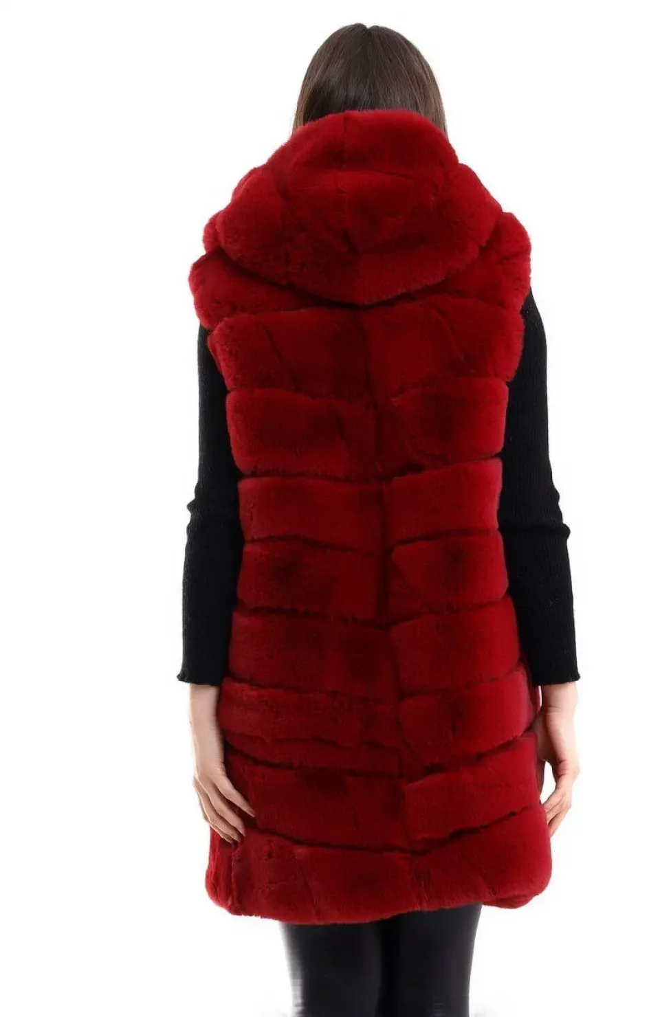 Kadın Kapşonlu Peluş Kürk Yelek Premium Kalite, Tam Astarlı, Uzun Model - Kırmızı