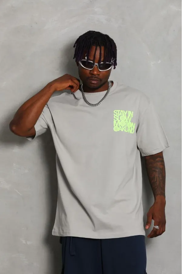 Unisex Oversize Baskılı Bisiklet Yaka T-Shirt - Gri