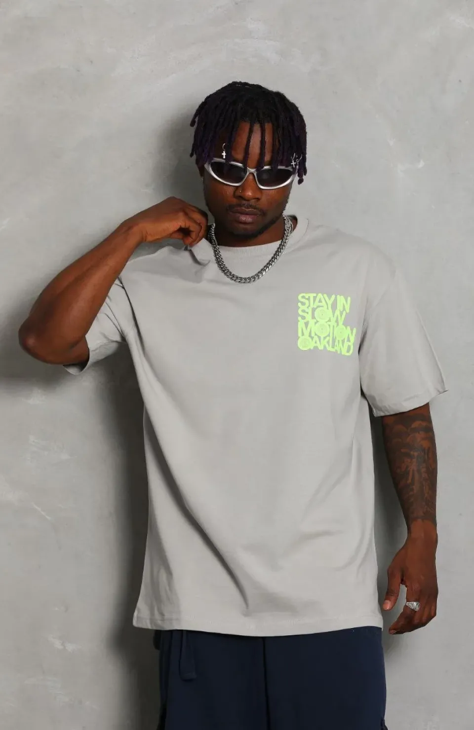 Unisex Oversize Baskılı Bisiklet Yaka T-Shirt - Gri