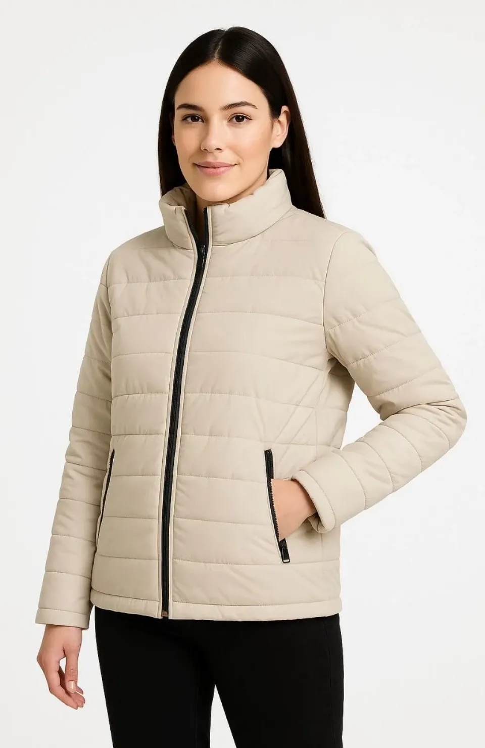Kadın Bomber Mont Ceket – Su İtici Kumaş, Kapitone Astarlı, Fermuarlı, Kışlık - Bej
