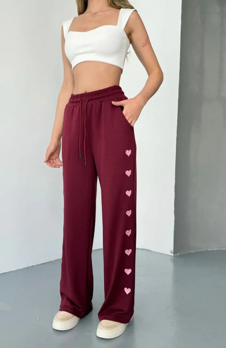 Osy Modal Yumuşak Dokulu Kumaş Nakış işlemeli Rahat Bol Paça Eşofman Pantalon - Bordo