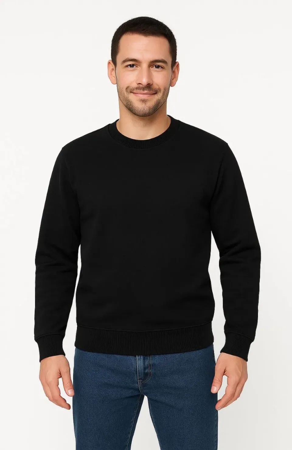 Erkek Üç İplik Düz Bisiklet Yaka SweatShirt - Siyah