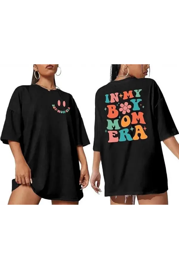 Kadın Bisiklet Yaka Kısa Kol Baskılı T-shirt - Siyah