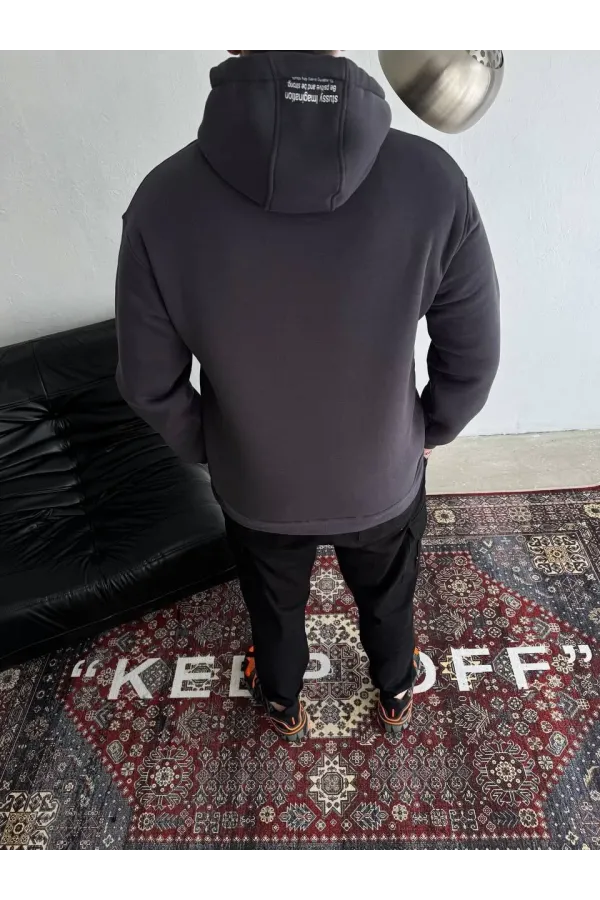 Üç İplik Kapşonlu Baskılı SweatShirt - Füme