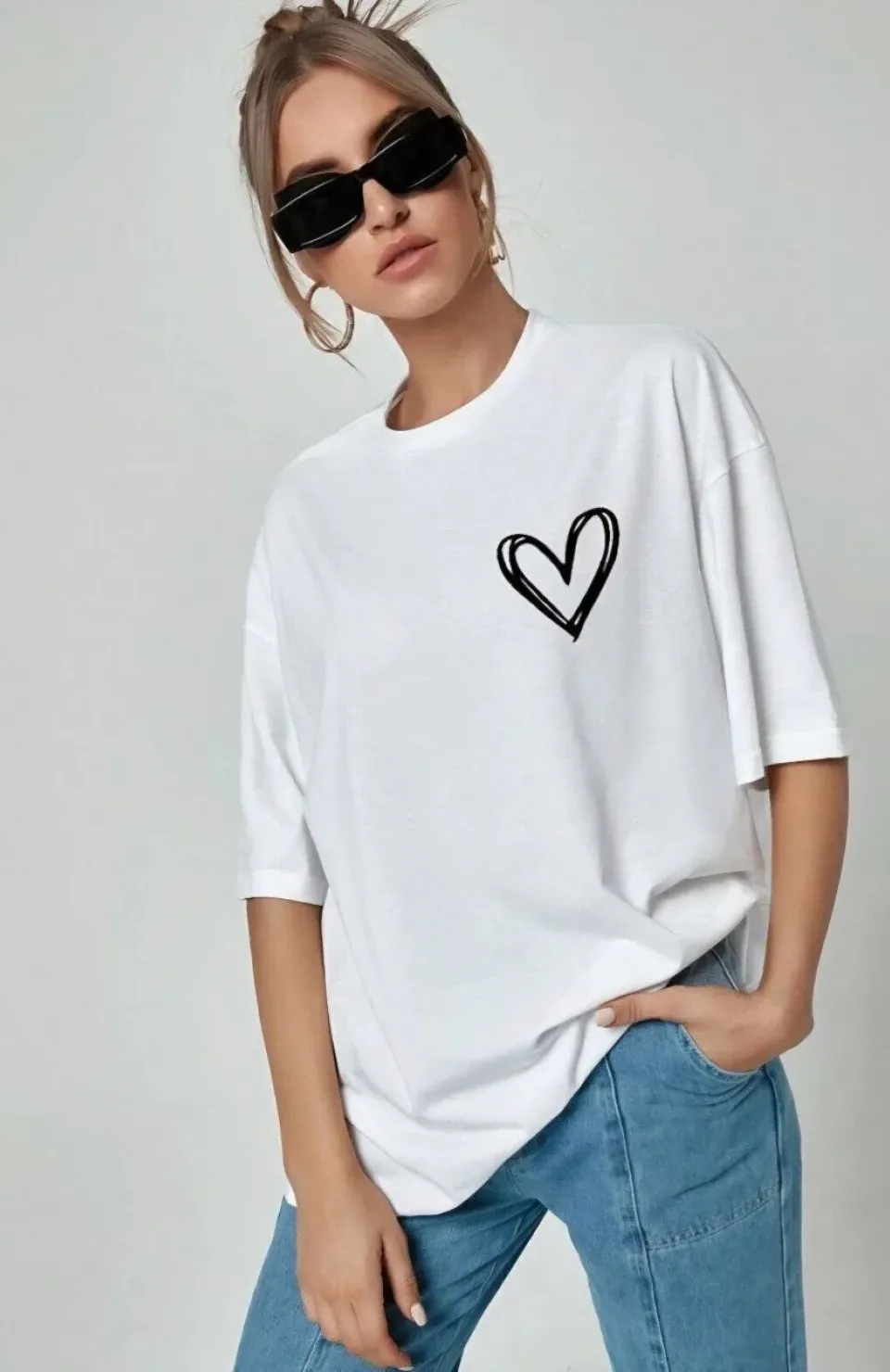 Unisex Baskılı Oversize T-Shirt - Beyaz