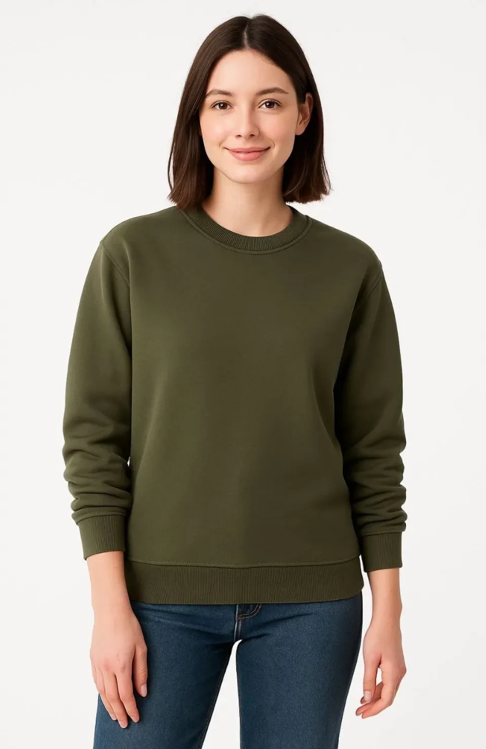 Kadın Üç İplik Düz Bisiklet Yaka SweatShirt - Haki