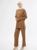 Uzun Kollu Organik Yıkanmış Kumaş Fitilli Pantolonlu Takım - Kahve Somersan Giyim | Kadın, Erkek ve Çocuk Moda
