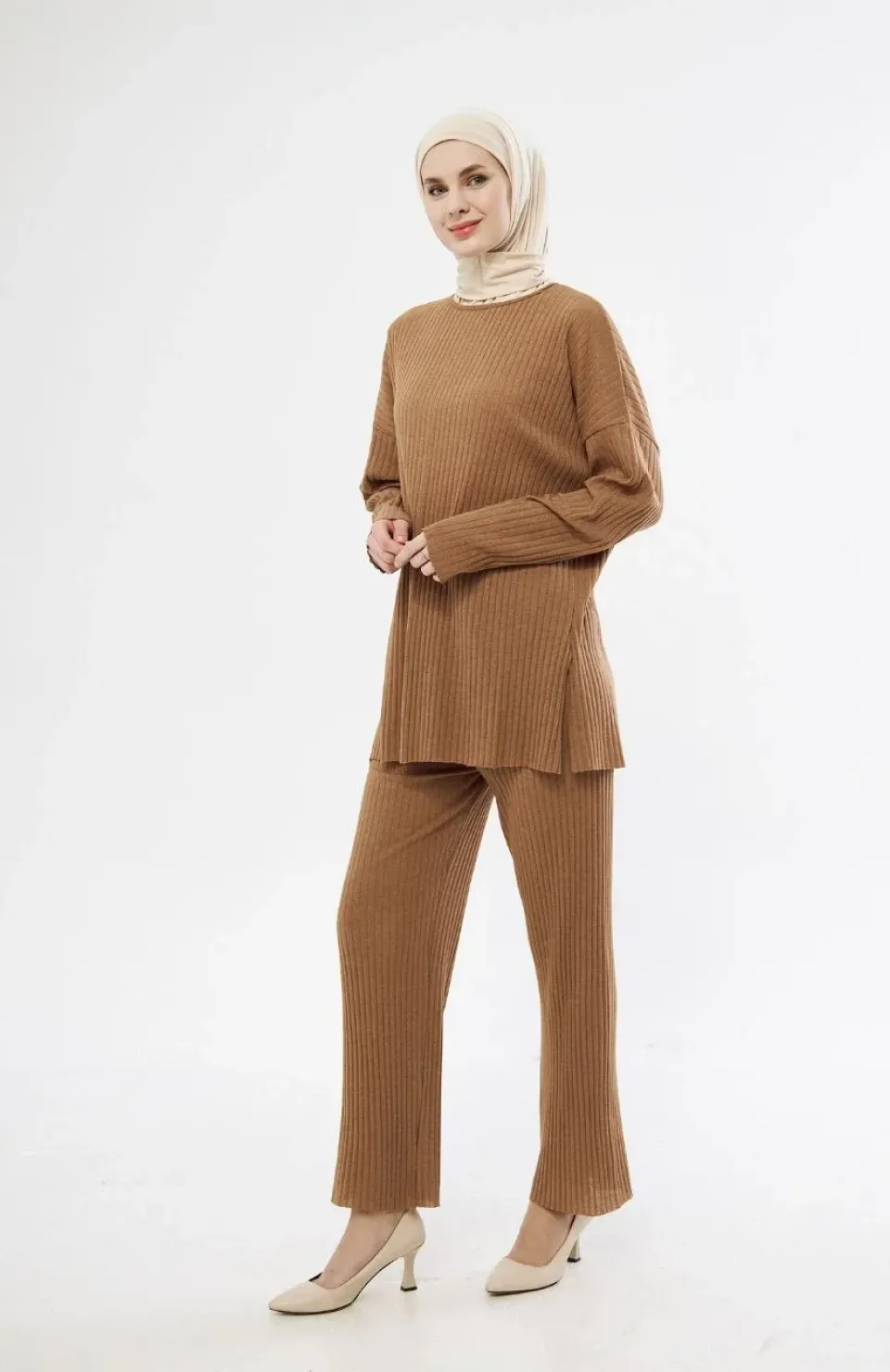 Uzun Kollu Organik Yıkanmış Kumaş Fitilli Pantolonlu Takım - Kahve Somersan Giyim | Kadın, Erkek ve Çocuk Moda