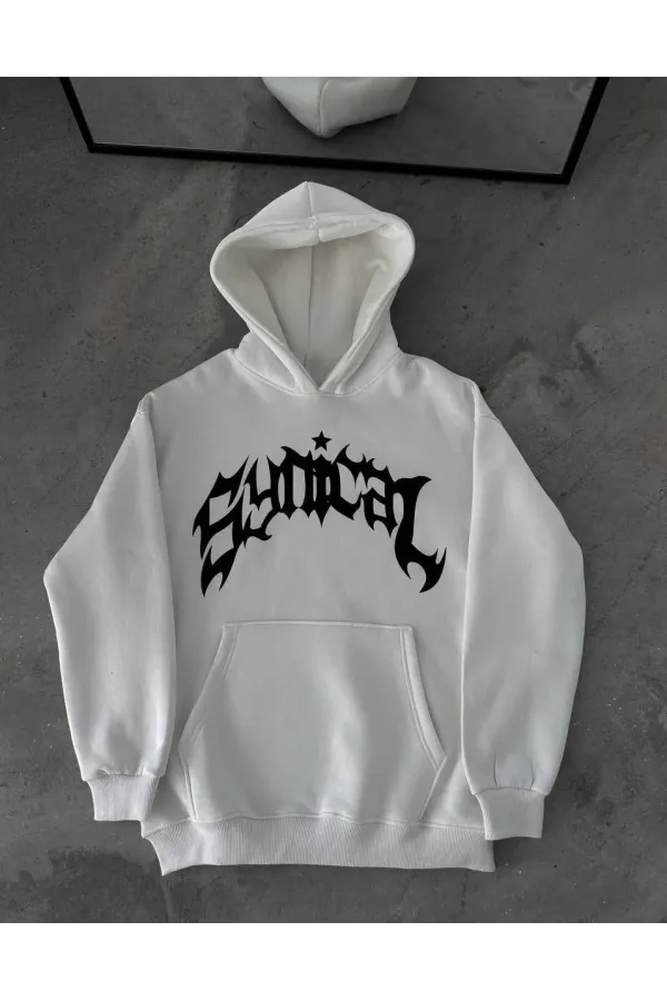 Üç İplik Kapüşonlu Baskılı Oversize SweatShirt- Beyaz