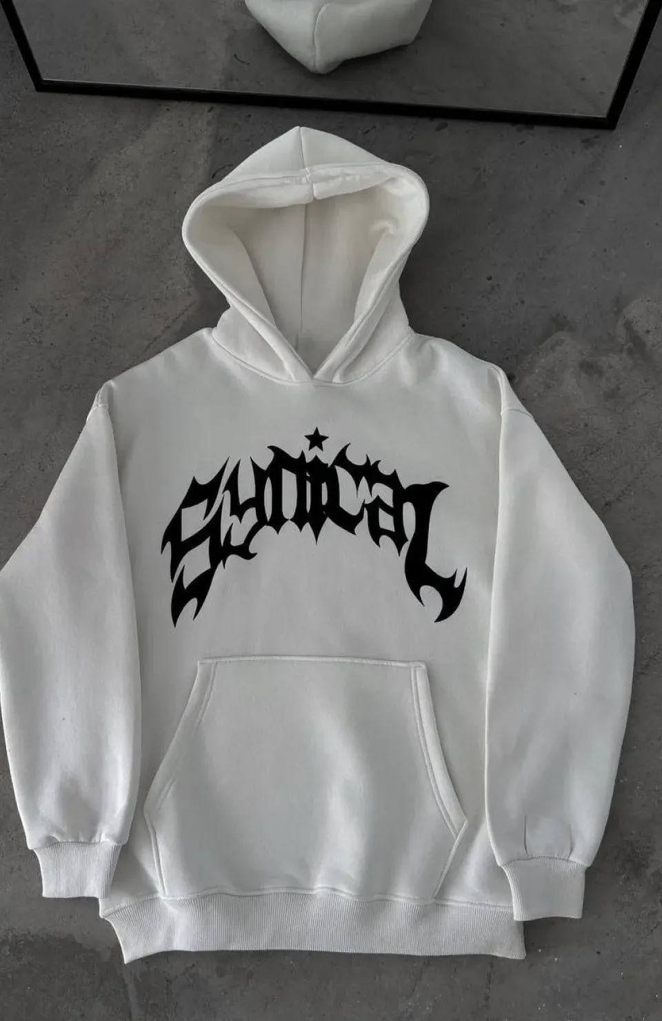 Kışlık Kapüşonlu Baskılı Oversize SweatShirt- Beyaz