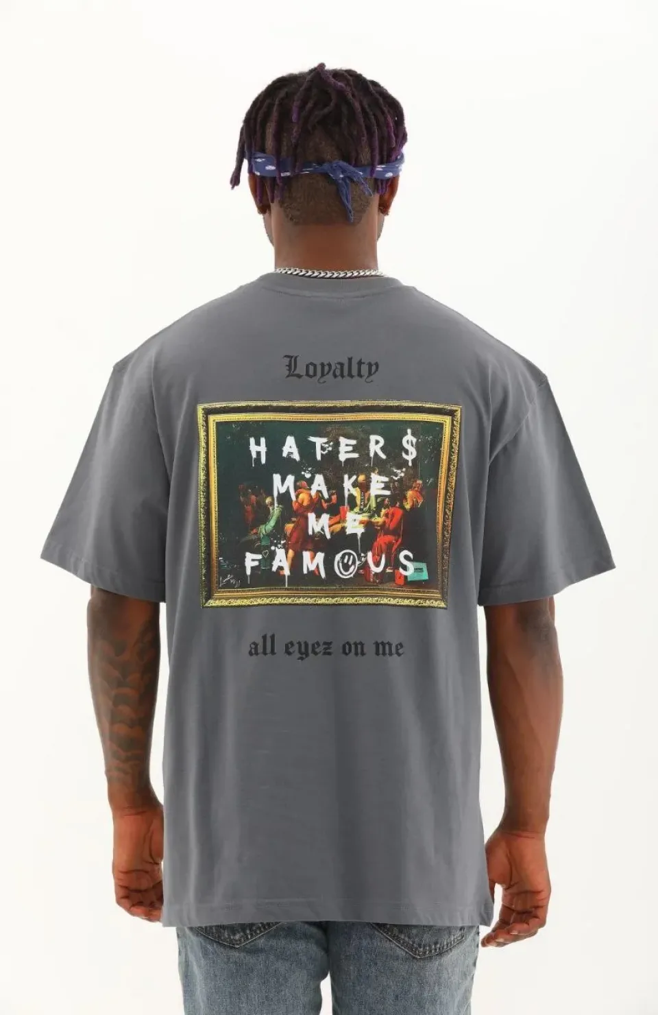 Unisex Oversize Baskılı Bisiklet Yaka T-Shirt - Füme