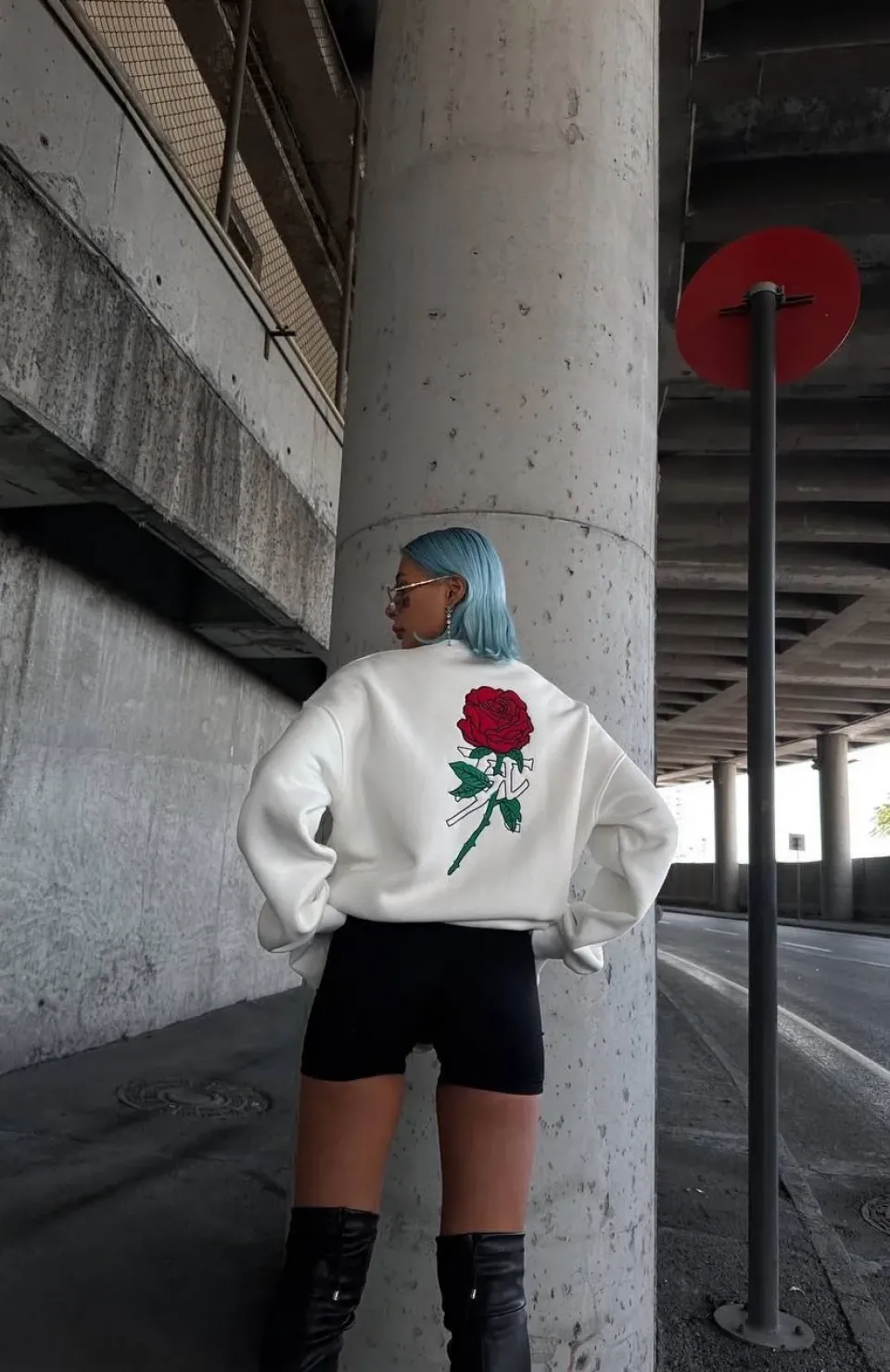 Oversize Üç İplik Bisiklet Yaka Baskılı SweatShirt - Beyaz