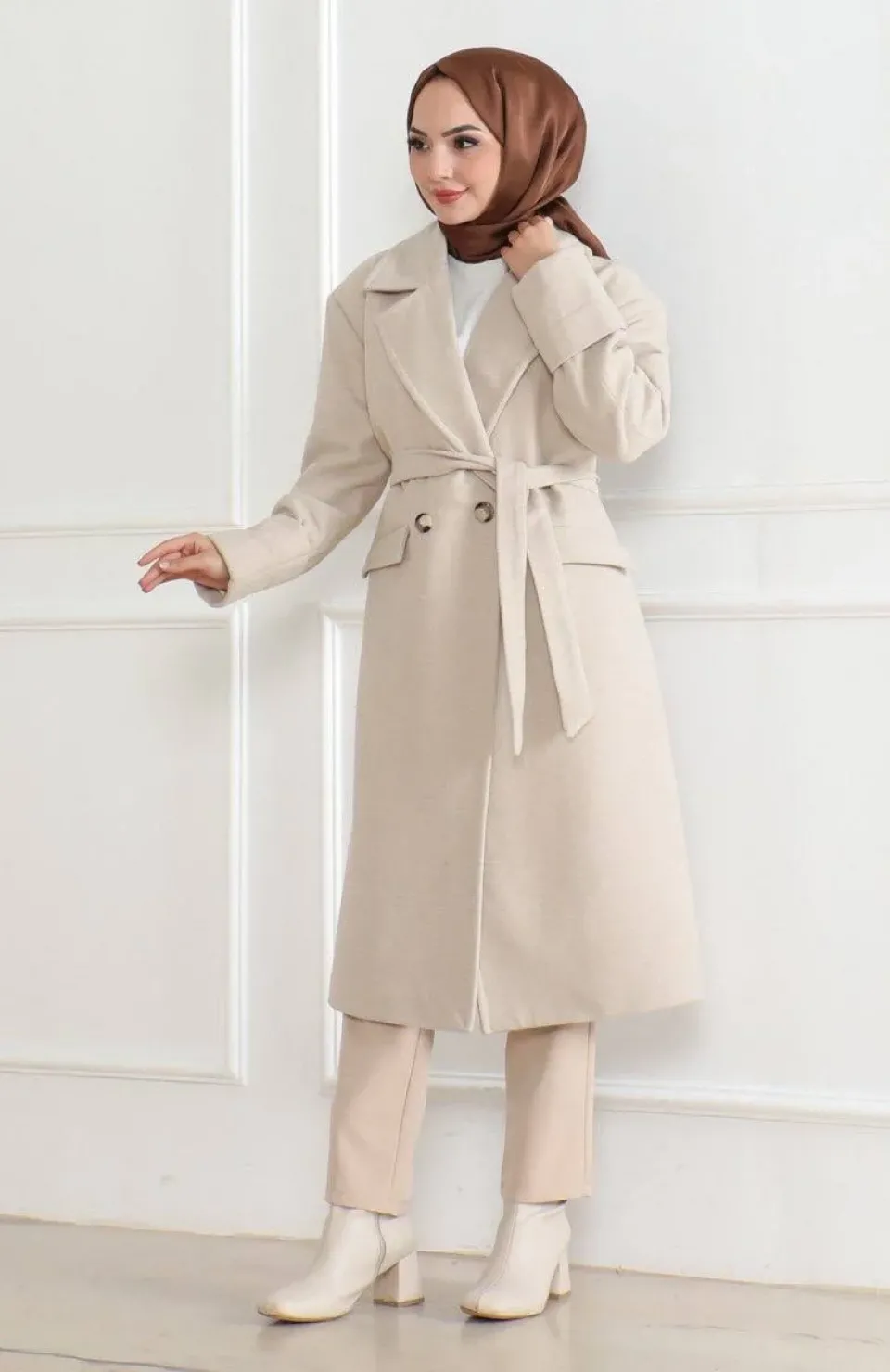 Kadın Düğmeli İçi Astarlı Kaşmir Kaşe Kaban - Bej Somersan Giyim | Kadın, Erkek ve Çocuk Moda