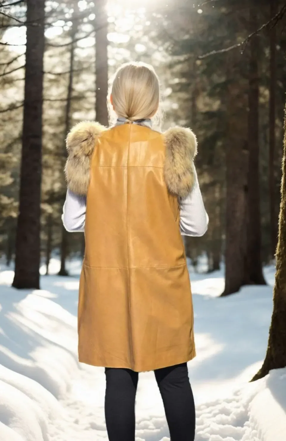 Kadın Kolsuz Hakiki Deri Kürk - Hardal