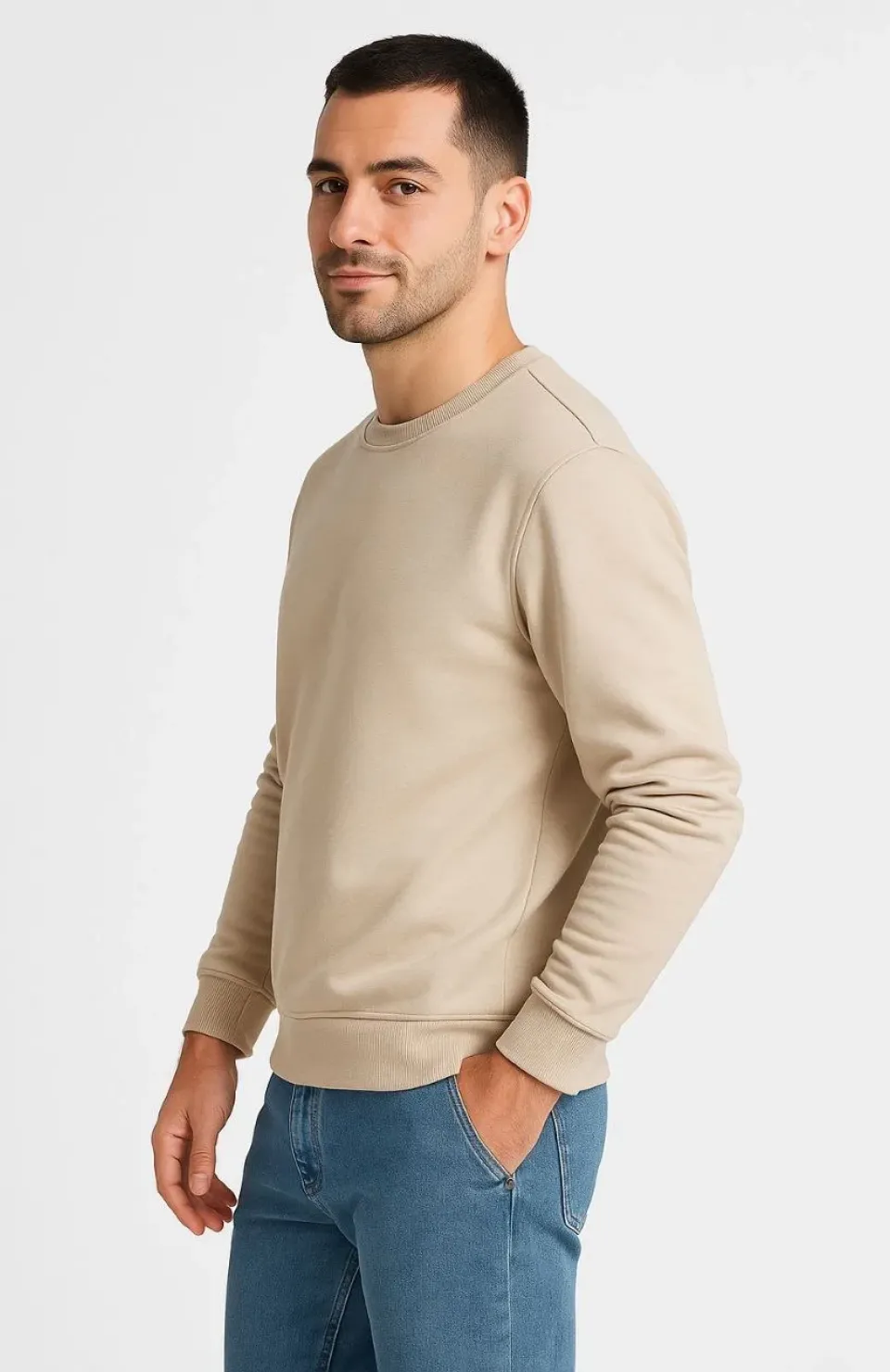 Erkek Üç İplik Düz Bisiklet Yaka SweatShirt - Bej