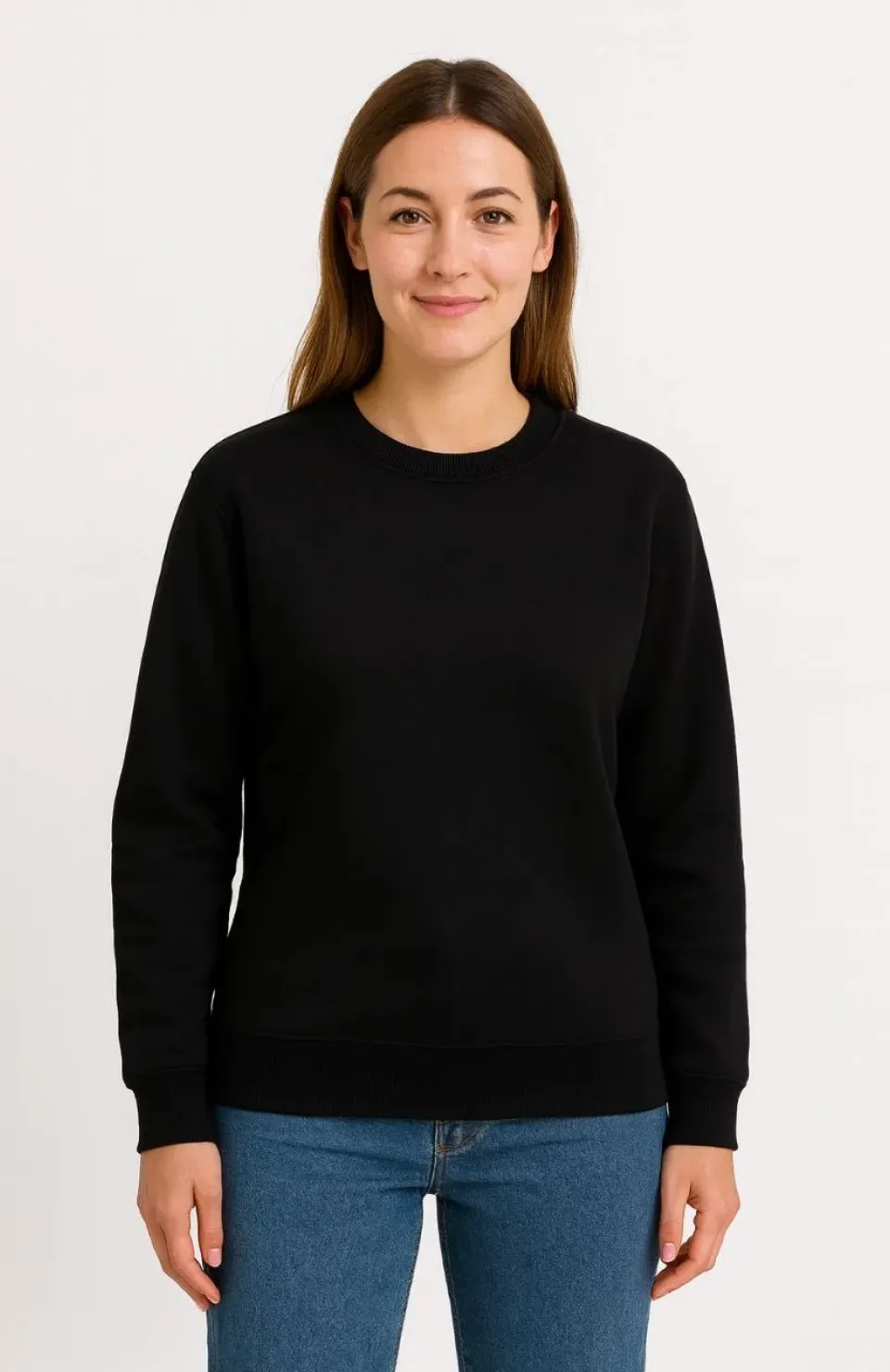 Kadın Üç İplik Düz Bisiklet Yaka SweatShirt - Siyah