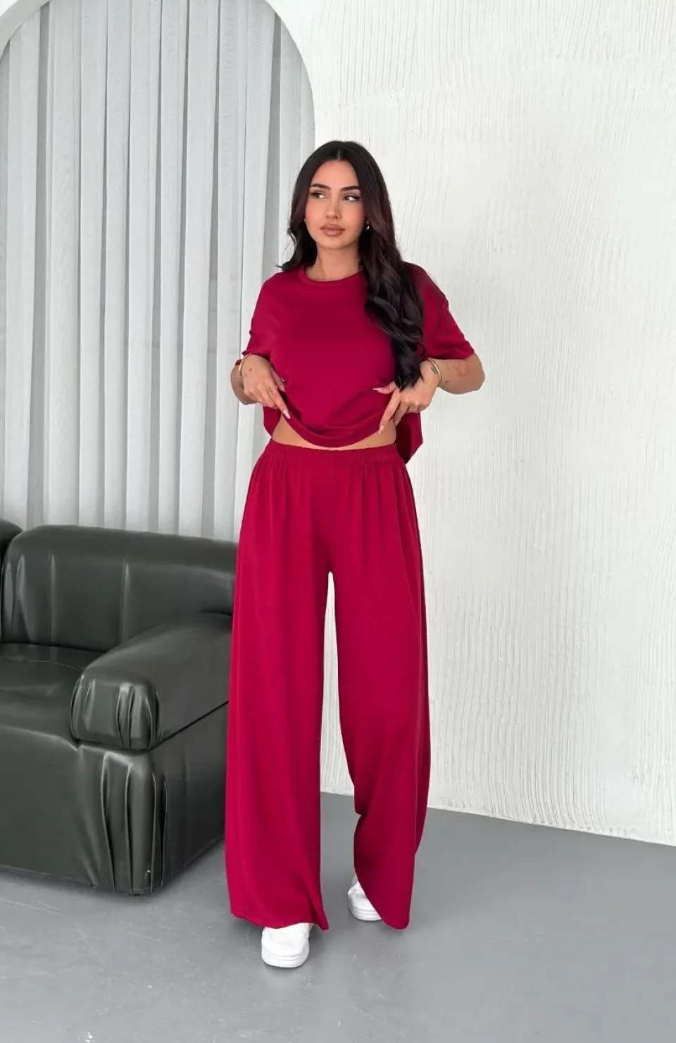 Osy Modal Yumuşak Dokulu Kumaş Bisiklet Yaka T-shirt Bol paça Pantalon ikili Takım -Bordo