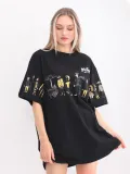 Unisex Bisiklet Yaka Baskılı Oversize T-Shirt - Siyah
