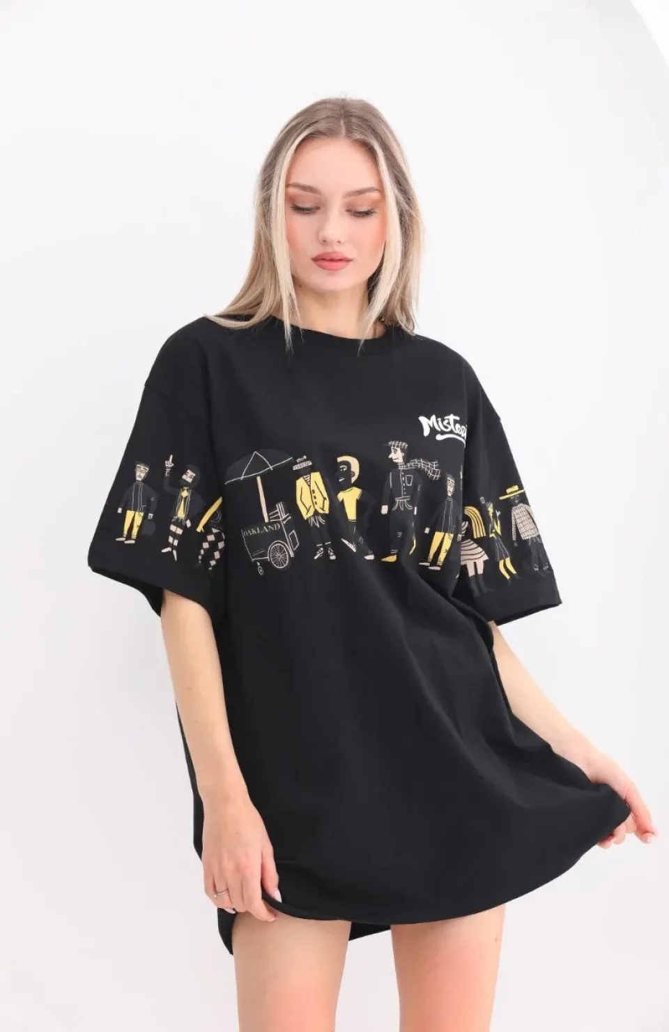 Unisex Bisiklet Yaka Baskılı Oversize T-Shirt - Siyah